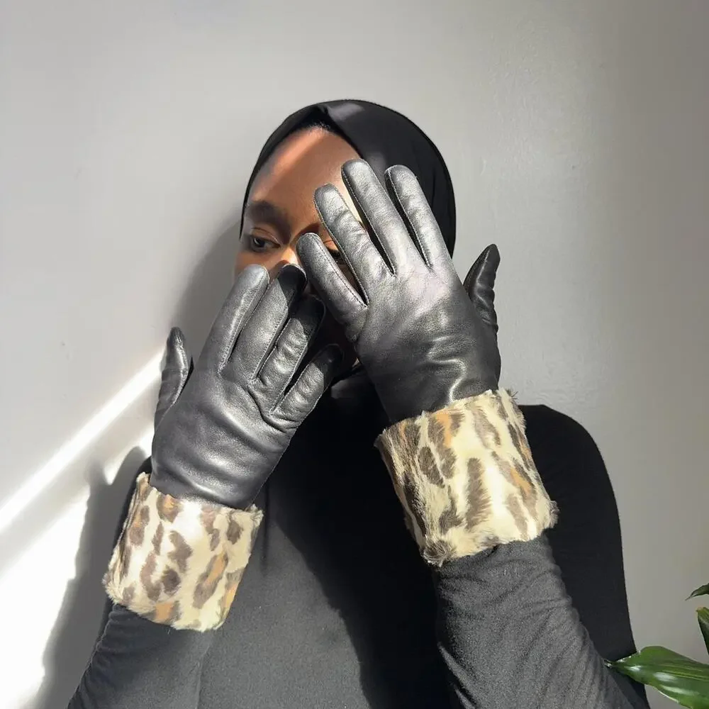 Luxe 90s Carolina Amato Leather‎ + Leopard cuff Gloves size 7.5
